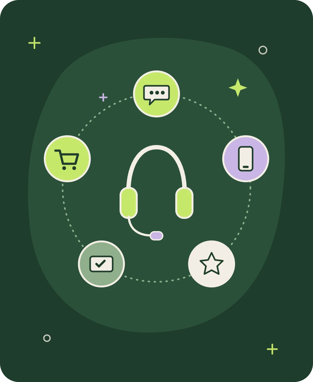 Illustration of a headset surrounded by chat, phone, rating, ticket and order icons