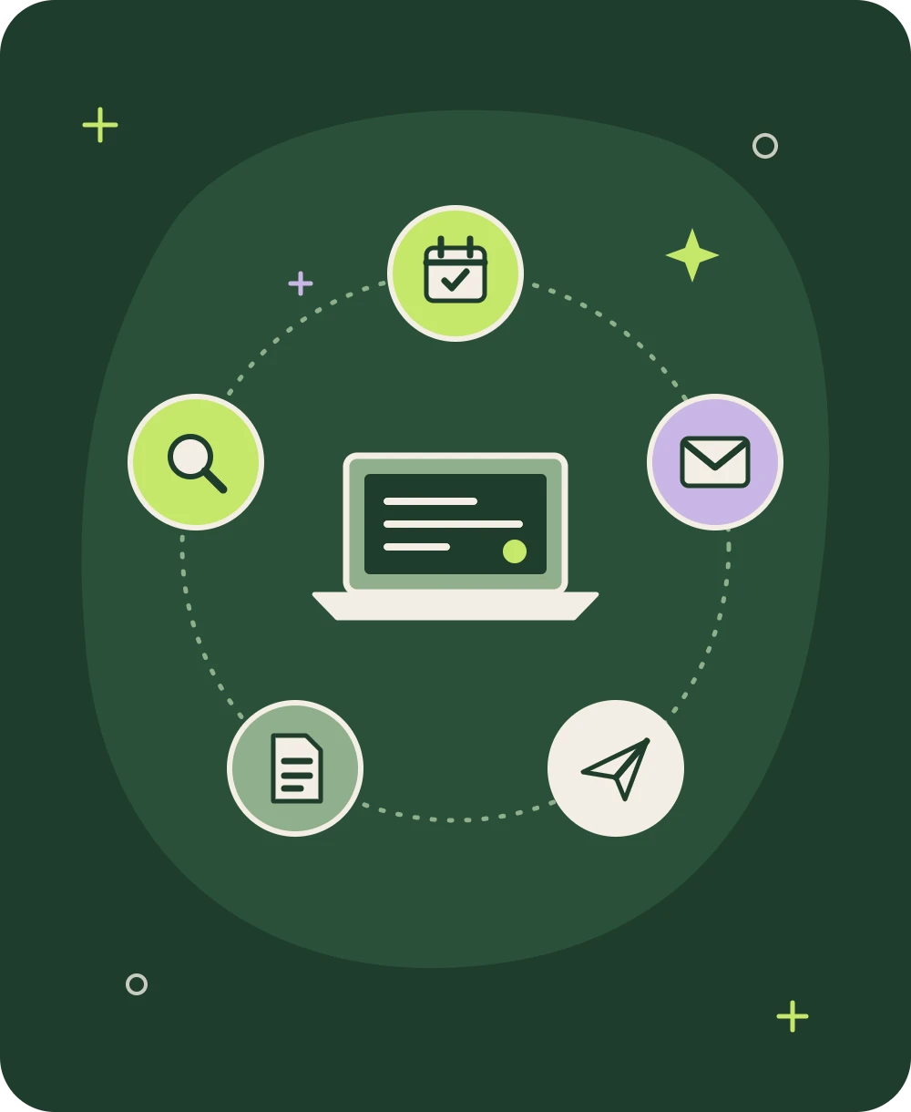 Illustration of a laptop surrounded by calendar, email, travel, document and research icons